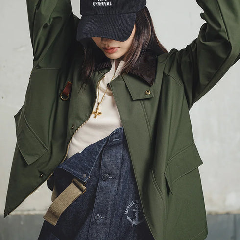 Retro Women's Corduroy Patchwork Jacket – Green Casual Lapel Hunting Style Spring Outerwear with Zipper